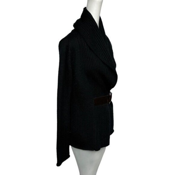 Soft Surroundings S Country Weekend Cardigan Sweater 22136 Black Wool Blend Belt - Picture 2 of 9